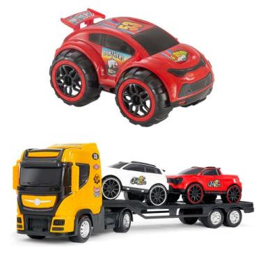 Imagem de Caminhão Cegonha Grande Com 2 Carrinhos + Carrinho Com Aerofolio - BS 