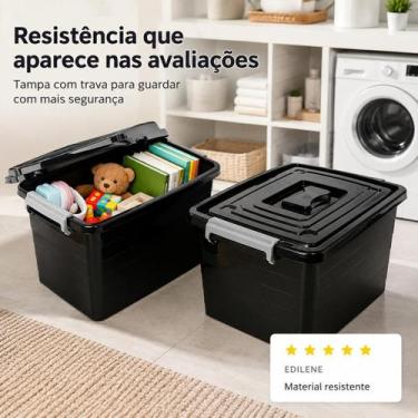 Imagem de Kit 2 Caixas Organizadoras Multiuso Pretas 30L com Tampa e Trava Arqpl