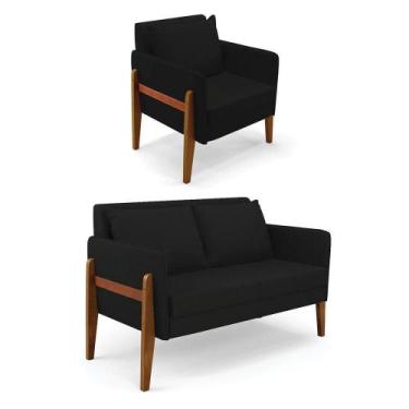 Imagem de Kit 1 Sofá Namoradeira E 1 Poltrona Lana Linho Preto A79 Base De Madei