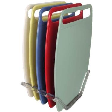 Imagem de Conjunto 5 Tábuas de Corte com Suporte para Cozinha Coloridas 26x18cm 