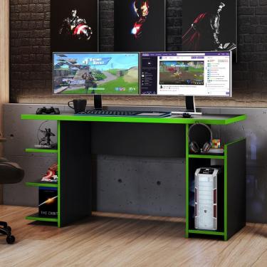 Imagem de Mesa Gamer Escrivaninha Para Computador Home Office Nicho CPU 3 Prateleiras Quarto Preta e Verde