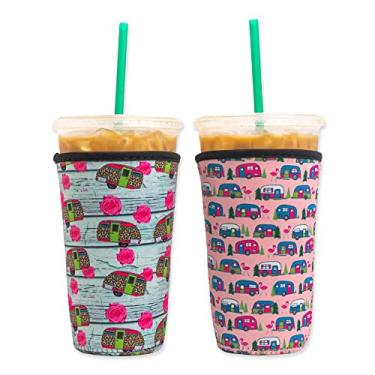 Imagem de Manga de café gelado de neoprene isolado reutilizável | Porta-copos para bebidas frias para café Starbucks, McDonalds, Dunkin Donuts, Tim Hortons e mais, Casual, Camper Prints, 2 PK Large 32oz, 2
