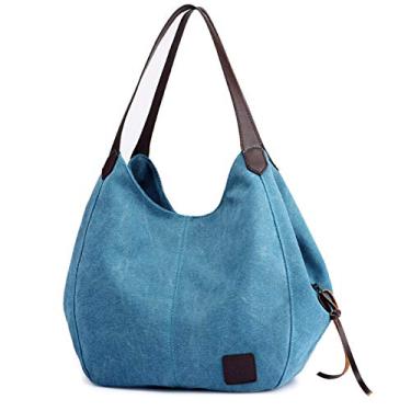 Imagem de Bolsa feminina de lona Dour com vários bolsos, bolsa de ombro moderna de algodão, bolsa sacola, Azul, Medium