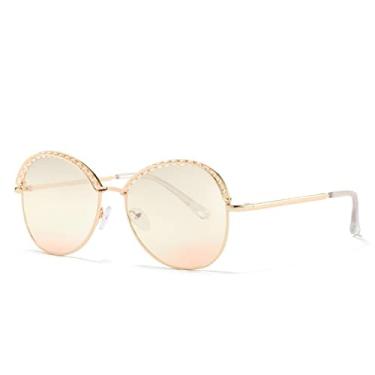 Imagem de Óculos de sol redondos de metal retrô pérola designer de luxo feminino de armação grande óculos de sol feminino gradiente lentes, verde dourado vermelho, um