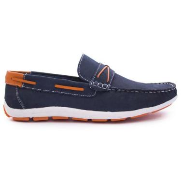 Imagem de Sapato Drive Mocassim Masculino Couro Nobuck Marinho Laranja Ref.C8020