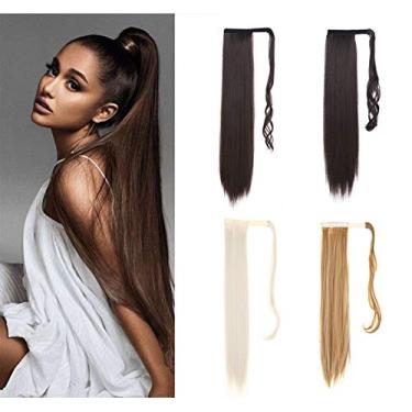 Imagem de Extensão de rabo de cavalo com clipe, 61 cm, enrola em torno de peças de cabelo sintético liso longo para mulheres e meninas – Marrom verde/Loiro de praia M6PH613