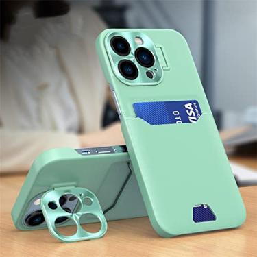 Imagem de Caixa de suporte de cartão de couro de luxo com suporte invisível para iPhone 14 13 12 Pro Max Mini capa protetora de lente de metal, verde menta, para iPhone 14 Pro