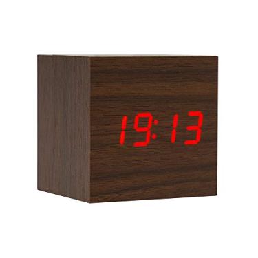 Imagem de Despertador de madeira Lanker – Relógio digital de LED com visor de hora/data/temperatura, 3 níveis de brilho e controle de voz, ótimo para viagens em casa e escritório – AC10Brown_Vermelho