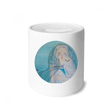 Imagem de DIYthinker Caixa de moedas azul branca coruja menina estilo chinês aquarela dinheiro caixa cerâmica porta-moedas presente