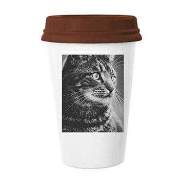 Imagem de Caneca de cerâmica preta e branca com perfil de gato selvagem Caneca de café copo de cerâmica