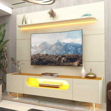 Imagem de Rack com Painel para Tv até 85 Polegadas 1 Gaveta 2 Portas com Led 1 Prateleira Off White/Off White-Marromle
