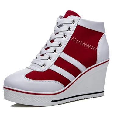 Imagem de ALLINNINE Tênis feminino de salto alto moderno de lona cano alto com cadarço borda cunha zíper inclinado sapatos tamanho 4-11, B Vermelho, 40