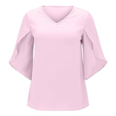 Imagem de Camisa feminina manga 3/4 chiffon casual manga pétala camisa bronzeada feminina elegante, rosa, XXG