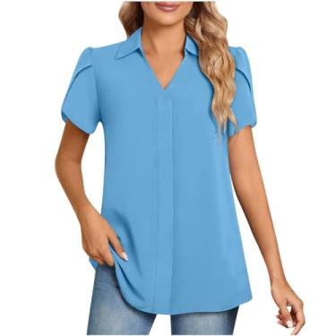 Imagem de Camiseta feminina casual gola V moda cor sólida manga curta solta roupas femininas de treino manga longa, Azul-celeste, GG