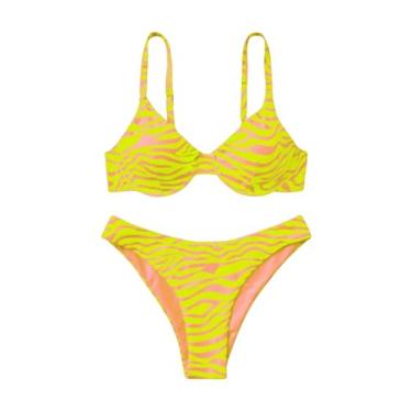 Imagem de MakeMeChic Conjunto de biquíni feminino push-up de duas peças, listrado, zebra, corte alto, tanga, Amarelo, G