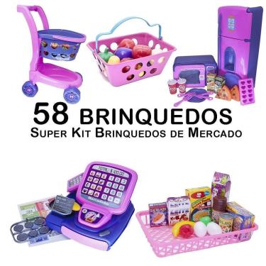 Imagem de Kit infantil mercado caixa carrinho microondas cestinha 58pç
