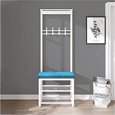 Imagem de Banco de entrada com cabideiro, banco de armazenamento de árvore 3 em 1, cabideiro, banco de sapatos com ganchos, sapateira, almofada de veludo, fácil de montar