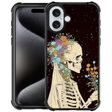Imagem de DJSOK Capa compatível com iPhone 16, H caveira flor A35 proteção à prova de choque de silicone macio TPU bumper e capa traseira rígida padrão PC para iPhone 16