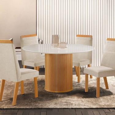 Imagem de Conjunto de Jantar Mesa Dara 1,10 X 1,10 Tampo Mdf/vidro com 4 Cadeiras Catar Castanho Cinamomo/Creme/Off White