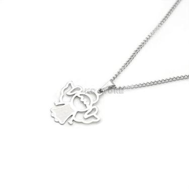 Imagem de colar corrente não escurece anjo asa urso fofo prata em aço inox banha