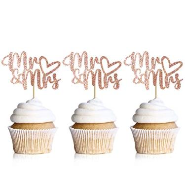 Imagem de HIDORI 24 peças de topo de cupcake Sr. e Sra. para festa de casamento, decorações brilhantes de chá de panela, palhetas de comida de noivado, cartolina cortada a laser (W-A5) (ouro rosa)