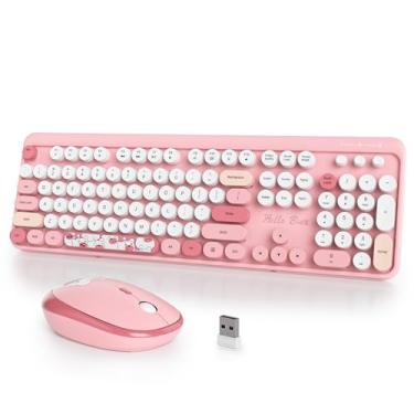 Imagem de iTastatur Combo de teclado e mouse sem fio de máquina de escrever, 2,4 G, escritório, 104 teclas, teclado punk retrô de tamanho completo, lindo teclado rosa com teclas redondas para laptop, PC,