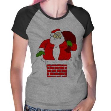 Imagem de Baby Look Raglan Papai Noel Chaminé - Foca na Moda, Cinza, Preto, M