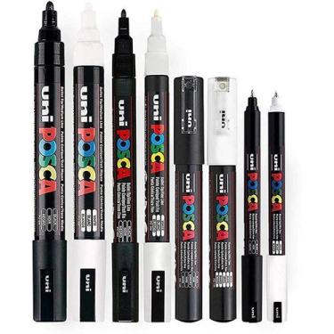 Imagem de Kit 8 Posca Brancas e Pretas PC5M PC3M PC1M PC1MR Uniball - Uni-ball