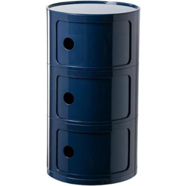 Imagem de Mesa de cabeceira redonda de plástico de 2/3/4 níveis de armazenamento com gavetas e porta deslizante armário de cabeceira moderno nórdico para quarto, azul, 32 x 58 cm