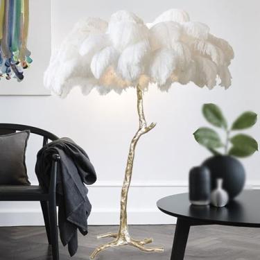 Imagem de Lâmpada de leitura de chão moderna com penas de avestruz, lâmpada alta regulável de 3 cores, luz dourada com interruptor de pé, lâmpada romântica para quarto de princesa