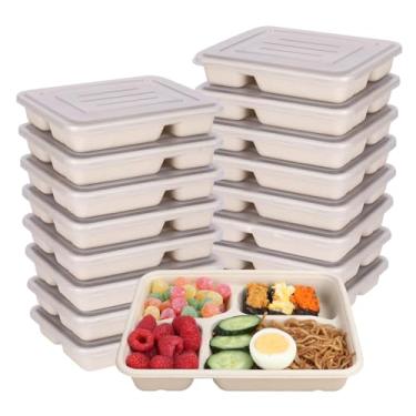 Imagem de JAYEEY 652 g 4 compartimentos pratos descartáveis com tampas de PP conjuntos de recipientes para alimentos lancheira infantil caixa bento fibras vegetais ecológicas seguras para micro-ondas e freezer pacote com 50