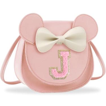 Imagem de Presentes de aniversário para meninas de 2, 3, 4, 5, 6, 7, 8, 9 e 10 anos de idade, bolsa infantil infantil para meninas pequenas com laço de orelha de rato personalizado, Letra rosa grande, J, J