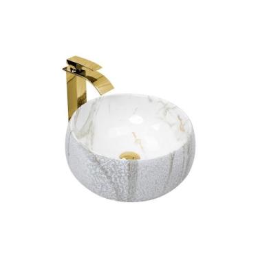 Imagem de Kit Cuba Pia Louça Cerâmica Banheiro C/Torn E Vál Dourada 69 - Smart N