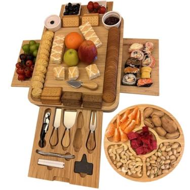 Imagem de VVoodeinck Conjunto de tábua de queijo de bambu com facas e tigelas, conjunto de quatro tábuas de queijo, conjunto de pratos de pão e frutas, conjunto de prato de chá, presente exclusivo para