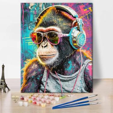 Imagem de TUMOVO Kit de pintura por números para adultos macaco DJ Monkey DIY Paint by Numbers Kit de pintura a óleo animal para adultos pintura animal macaco por Number Arts Craft, 3 pincéis sem moldura, 40 x