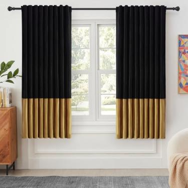 Imagem de Cortinas de veludo para sala de estar ouro preto 183 cm de comprimento, 2 painéis, cortinas blackout modernas com bloco de cores, bolso traseiro para varão, cortinas à prova de som, para decoração de