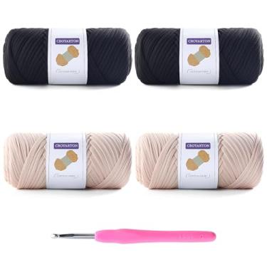 Imagem de Pacote com 4 fios de camisetas para crochê, camisetas elásticas, fios de tricô espaguete, comprimento total, 260 metros para sacos de crochê, decoração de casa com 1 agulha de crochê (4 pretos + bege)