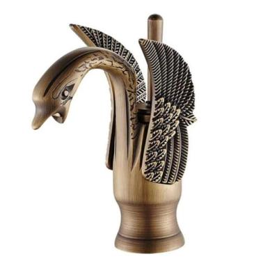 Imagem de Torneira de pia de banheiro de latão em formato de cisne dourado de luxo, torneira misturadora de água quente e fria, torneira cromada de cisne montada no deck, latão antigo curto, CHINA