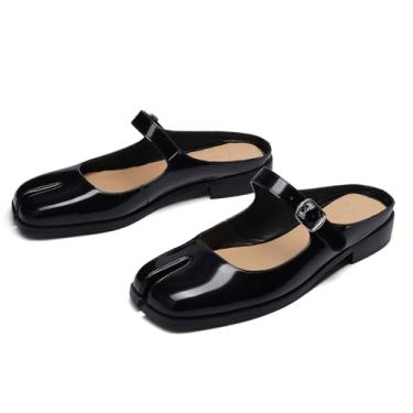Imagem de Cuctos Sapatilha feminina Split Coverd Toe Nainja Lofers fivela ajustável Mary Janes Mules Slingback Slip On Casual Shoes Flats, Preto, 41