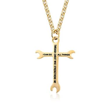 Imagem de Aprila Colar masculino com cruz inglesa, ouro de aço inoxidável I Can Do All Things, colar com pingente de versículo bíblico inspirador, joia cristã, corrente de rolo de 60 cm, Sem Pedra Preciosa