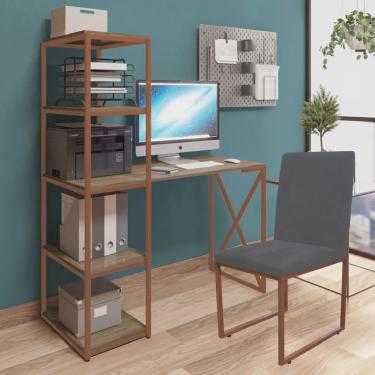 Imagem de Kit Escritório Mesa Max BeX 5 Prateleiras e Cadeira Stan Bronze Tampo Freijó Suede Cinza - Ahz Móveis