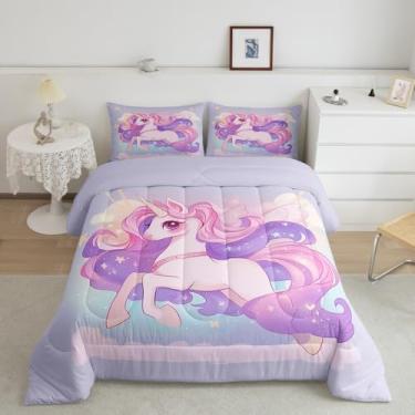 Imagem de Feelyou Jogo de cama de unicórnio bonito para meninas, conjunto de edredom com estampa de estrela e glitter, conjunto de edredom mágico, 3 peças