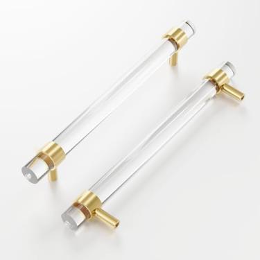 Imagem de Puxadores de gaveta de acrílico e ouro ajustáveis de 0 a 7,4 polegadas, furo a furo, conjunto com 4 puxadores modernos de latão e transparentes, puxadores de cômoda 12,7 cm/6 polegadas/17,8 cm
