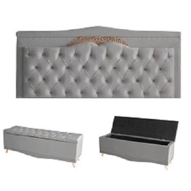 Imagem de Kit Barcelona Cabeceira De Cama Painel E Calçadeira Baú Queen 160 Cm Suede Prata Do Lar Móveis E Decoração