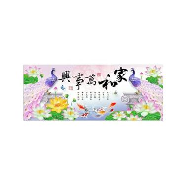 Imagem de BMZFYBS Imagem de arte de parede Chinoiserie - Pintura de paisagem chinesa em tela - Pavão de lótus - Pôster moderno e impressões para decoração de sala de estar 60 x 150 cm 24 x 59 pol. Sem moldura