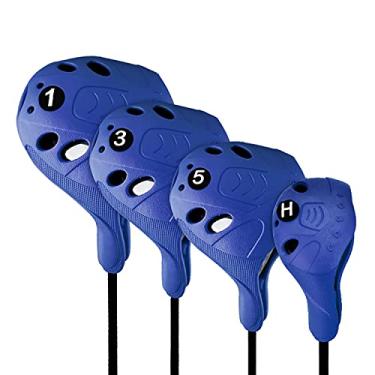 Imagem de Capa para golfe PGM com 4 Drivers Fairway Woods Hybrid Golf Club com número Os pinos servem em tamanhos grandes destros fácil de colocar e proteção extra do clube podem ser lavados para todas as marcas..., Blue-4pcs set