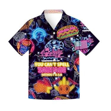 Imagem de Regenboog Camisa masculina patriótica de 4 de julho, estampa da bandeira dos EUA, camisa de botão de manga curta, camiseta masculina havaiana neon divertida de praia, Cachorro-quente 05-neon, XXG