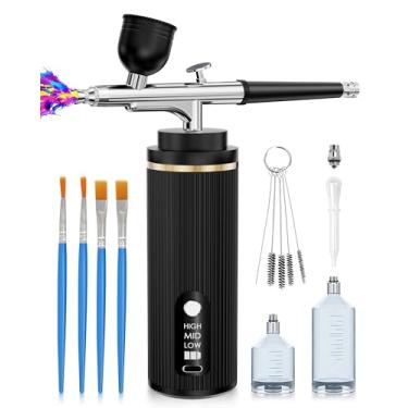 Imagem de Kit de aerógrafo compressor de aerógrafo sem fio recarregável - Conjunto de escova de ar portátil sem fio para arte de unhas, barbeiro, decoração de bolos, maquiagem, pintura de modelo (preto)