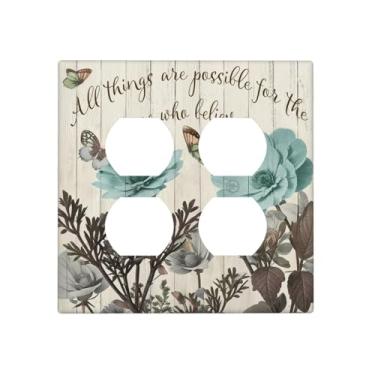 Imagem de Sghxwp Citações motivacionais florais de tulipa azul-petróleo e marrom rústico em capas de tomada de madeira bege retrô 2 gangs placa de cobertura de interruptor de luz dupla placa decorativa de