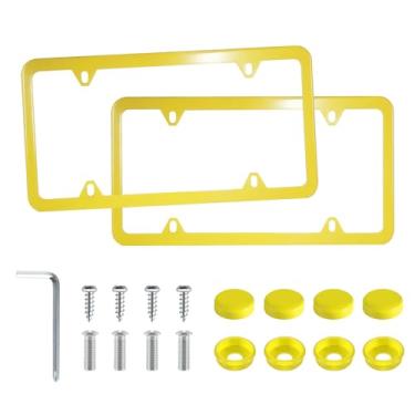 Imagem de Molduras de placa de licença de aço inoxidável LivTee, 4 furos, 2 peças de capas de placa de carro design fino com parafusos de tampa de arruela para veículos dos EUALivTee amarelo LivTee-PLP-5050-1W